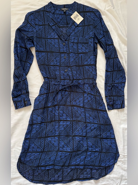 Lucky Brand Dresses & Skirts - Lucky Brand Blue & Black Geometric Shirt Dress XS Tie Waist Long Sleeve Pockets